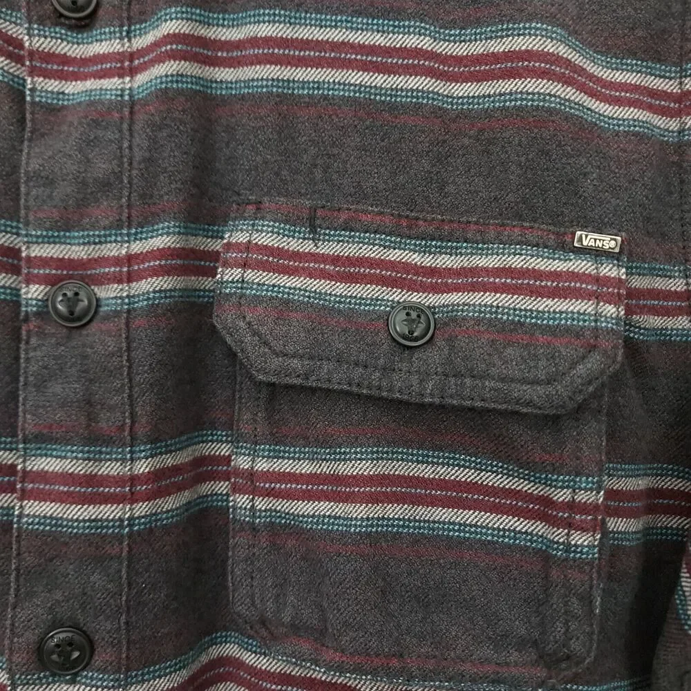 Vans Flannel Shirt Mens Medium Gray Striped Button Up Long Sleeve 100% Cotton